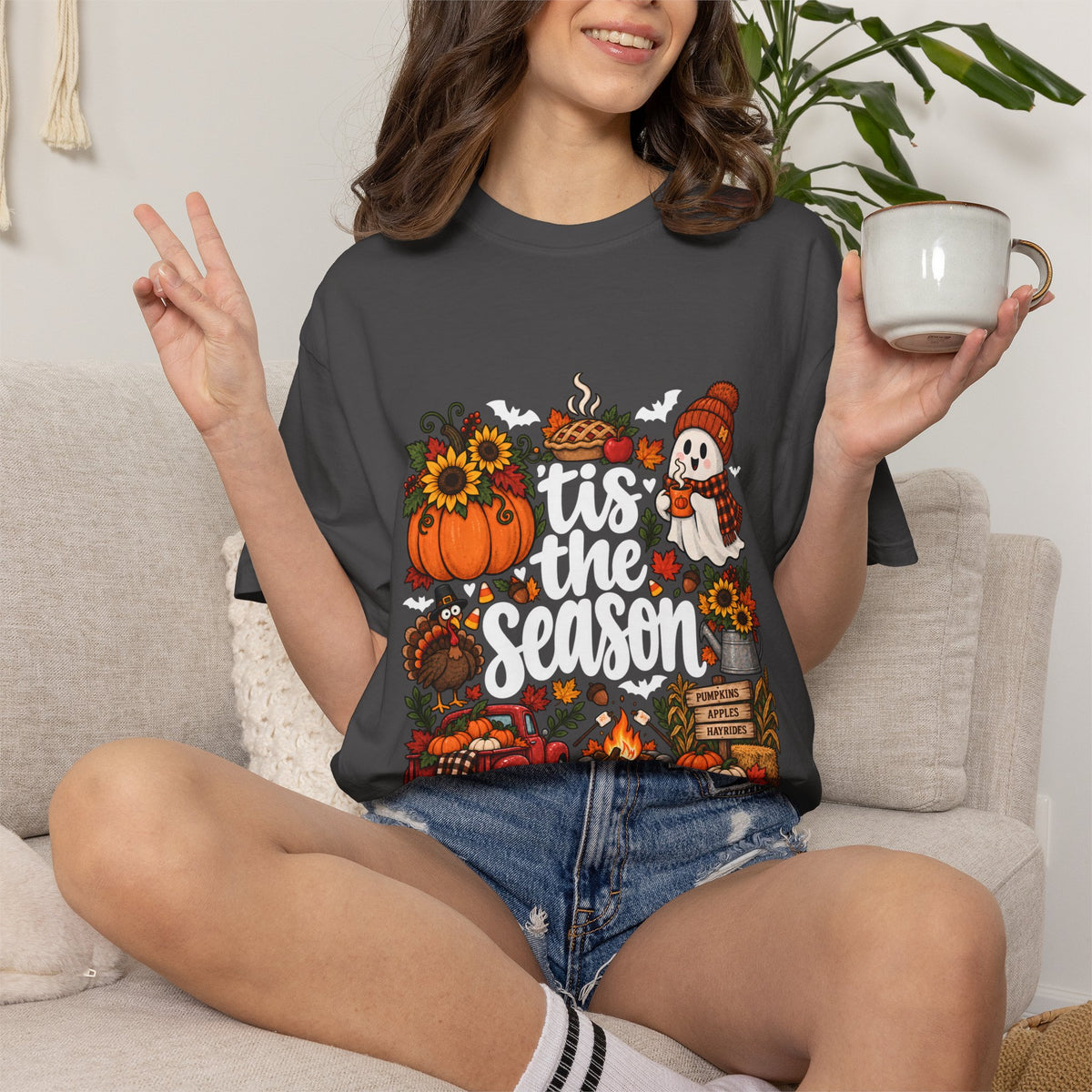 T-shirt Comfort Colors® « Tis the Season », cadeau pour amateur de citrouilles, t-shirt pour l'automne, Thanksgiving et Halloween, t-shirt douillet pour la saison des récoltes pour femmes