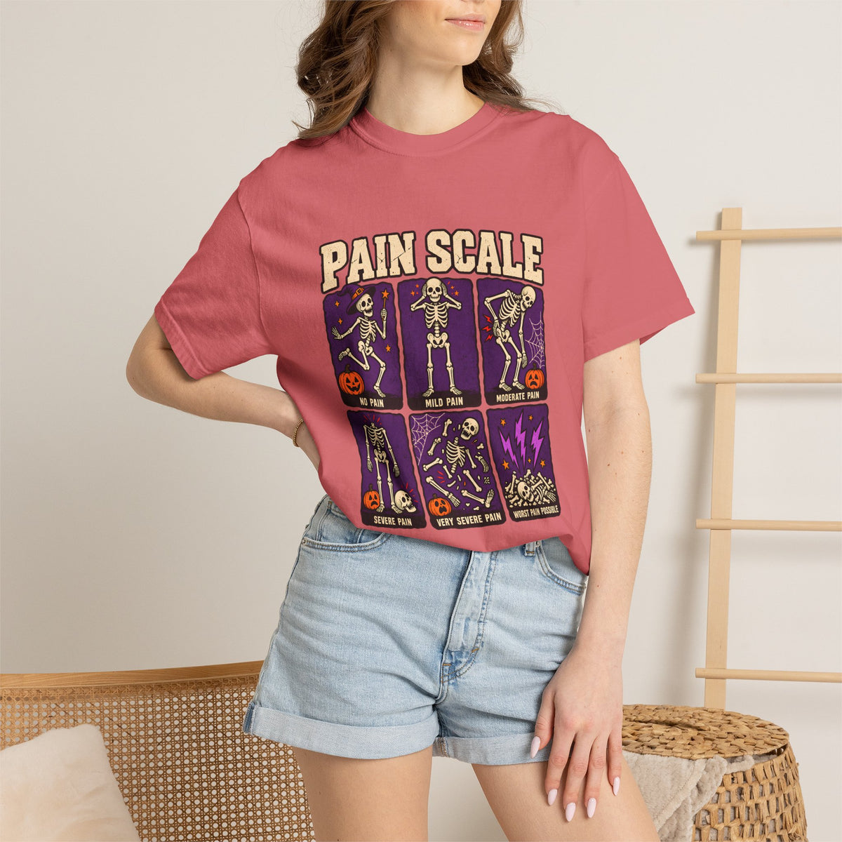 Comfort Colors® Pain Scale Skeleton T-Shirt, Funny Halloween Skeleton Gift, Spooky Medical Humor Gift, Nurse Doctor Halloween Graphic Tee