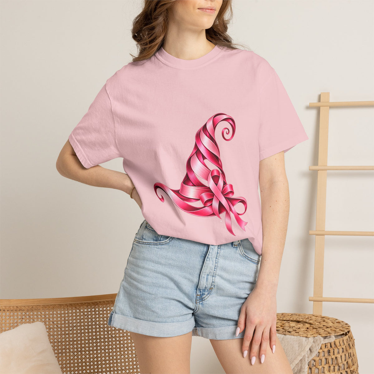 Comfort Colors® Pink Ribbon Witch Hat T-Shirt, Breast Cancer Awareness Gift, Halloween Survivor Support Tee, Pink October Witchy Shirt