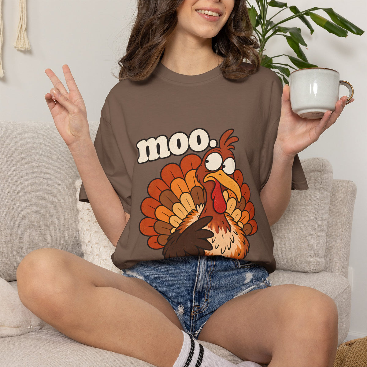 Comfort Colors® Moo Turkey T-Shirt, Funny Thanksgiving Turkey Gift, Cute Cartoon Turkey Lover Gift, Thanksgiving Dinner Graphic Tee