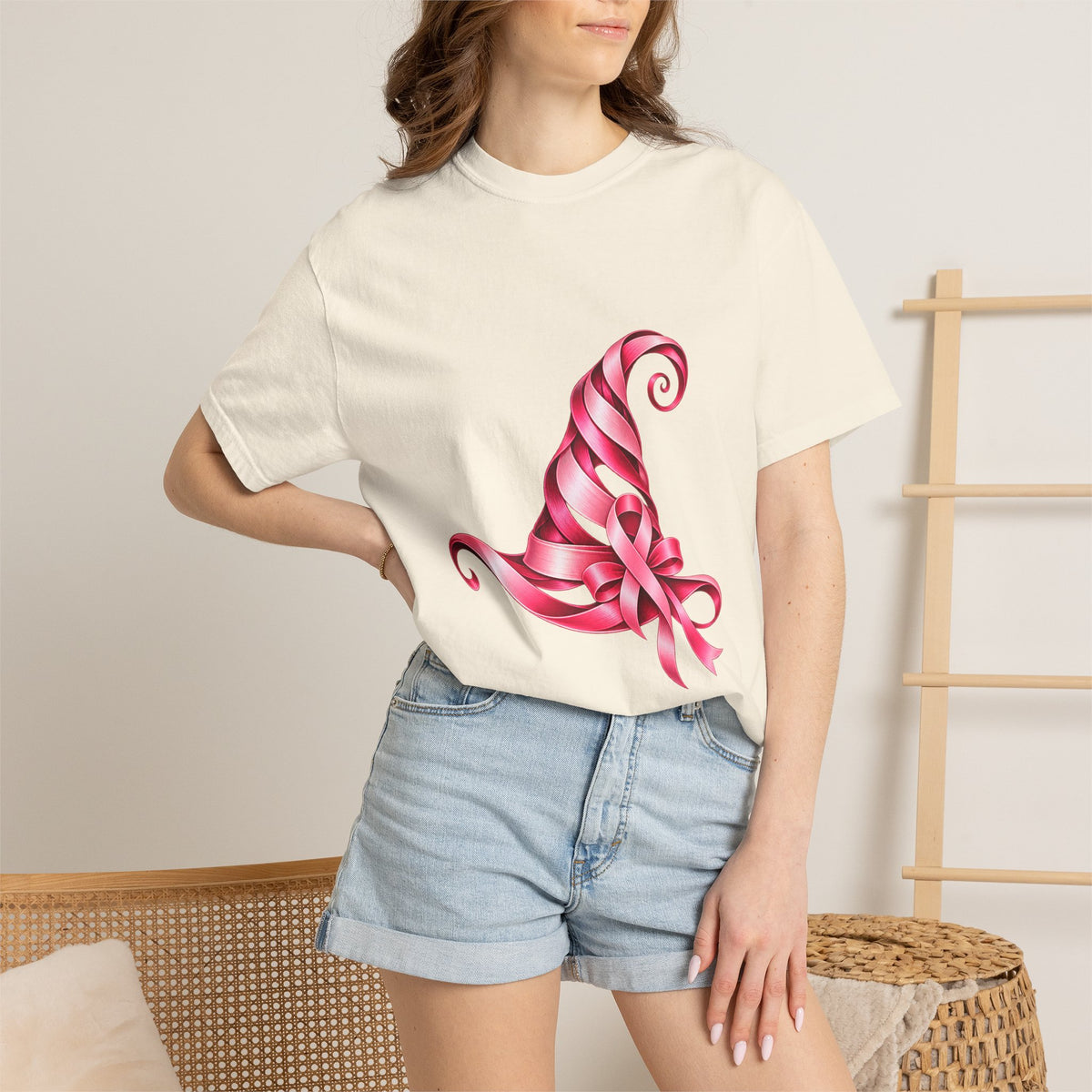 Comfort Colors® Pink Ribbon Witch Hat T-Shirt, Breast Cancer Awareness Gift, Halloween Survivor Support Tee, Pink October Witchy Shirt