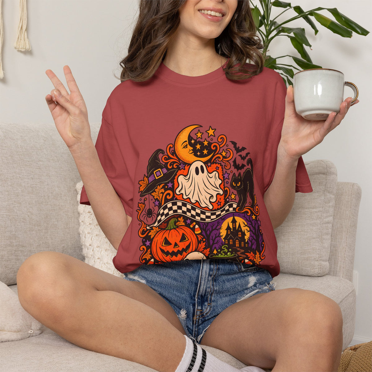Comfort Colors® Vintage Halloween Shirt, Black Cat Skull Graphic Tee, Spooky Season Sweatshirt, Retro Halloween Season Gift
