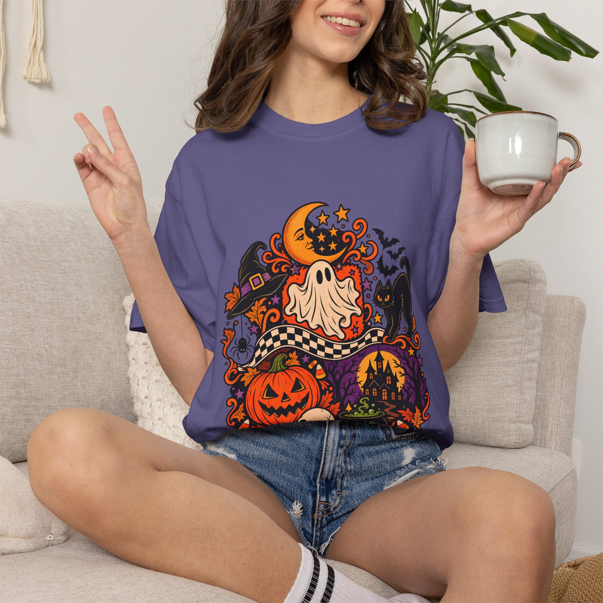 Comfort Colors® Vintage Halloween Shirt, Black Cat Skull Graphic Tee, Spooky Season Sweatshirt, Retro Halloween Season Gift