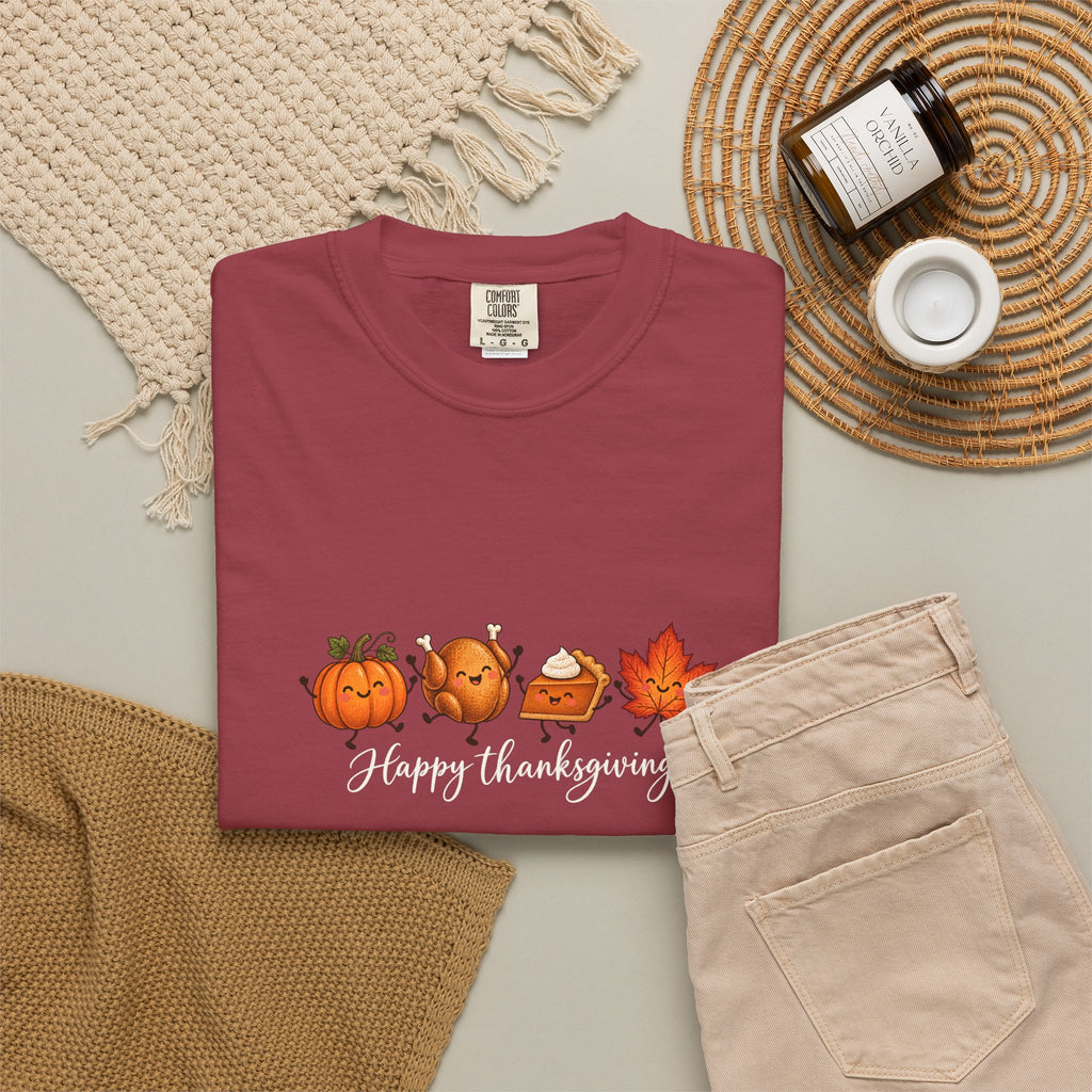 Comfort Colors® Happy Thanksgiving T-Shirt, Cute Turkey Pumpkin Lover Gift, Kawaii Fall Food Gift, Autumn Family Dinner Graphic Tee