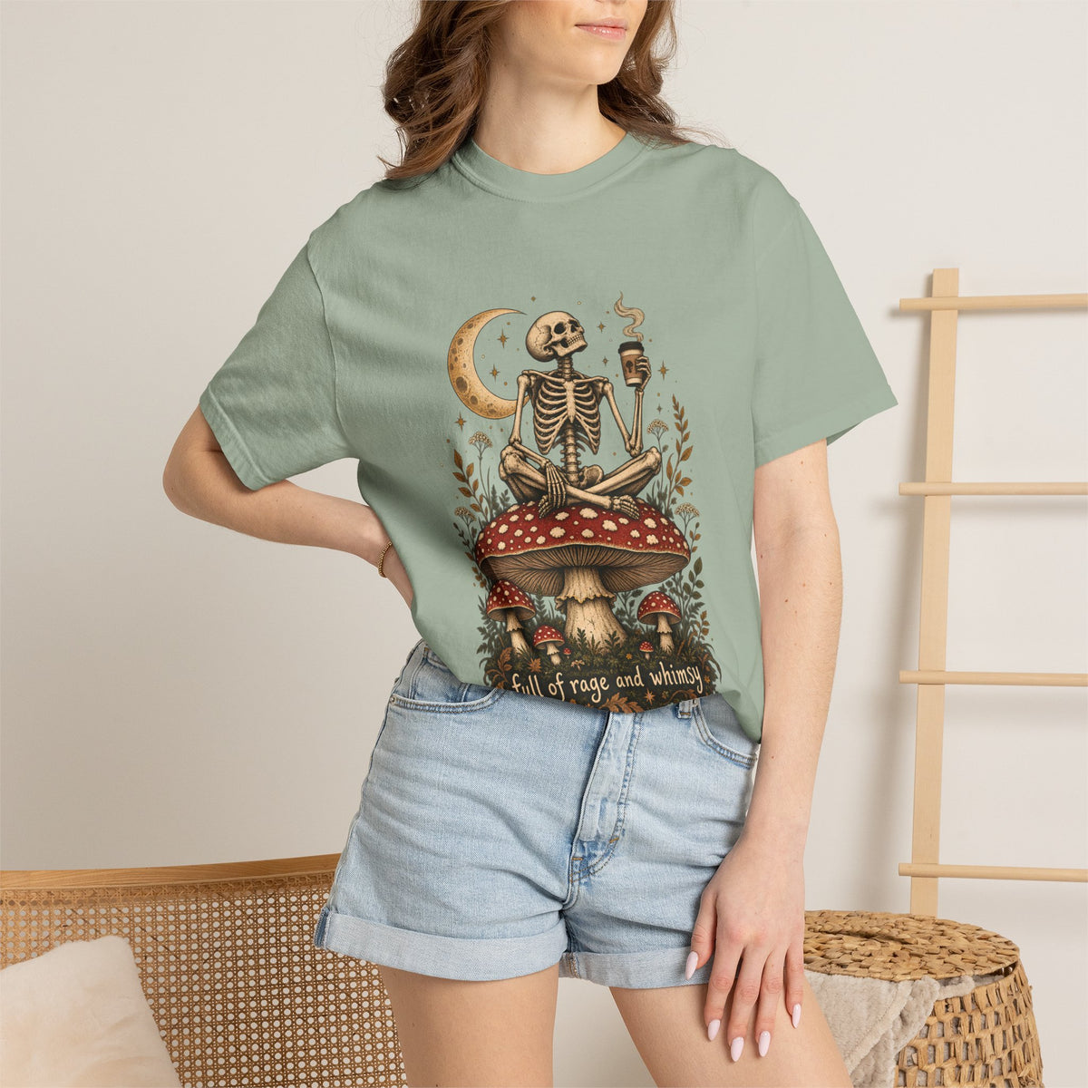 Comfort Colors® Full of Rage and Whimsy T-Shirt, Funny Skeleton Coffee Lover Gift, Cottagecore Mushroom Gothic Shirt, Dark Academia Shirt