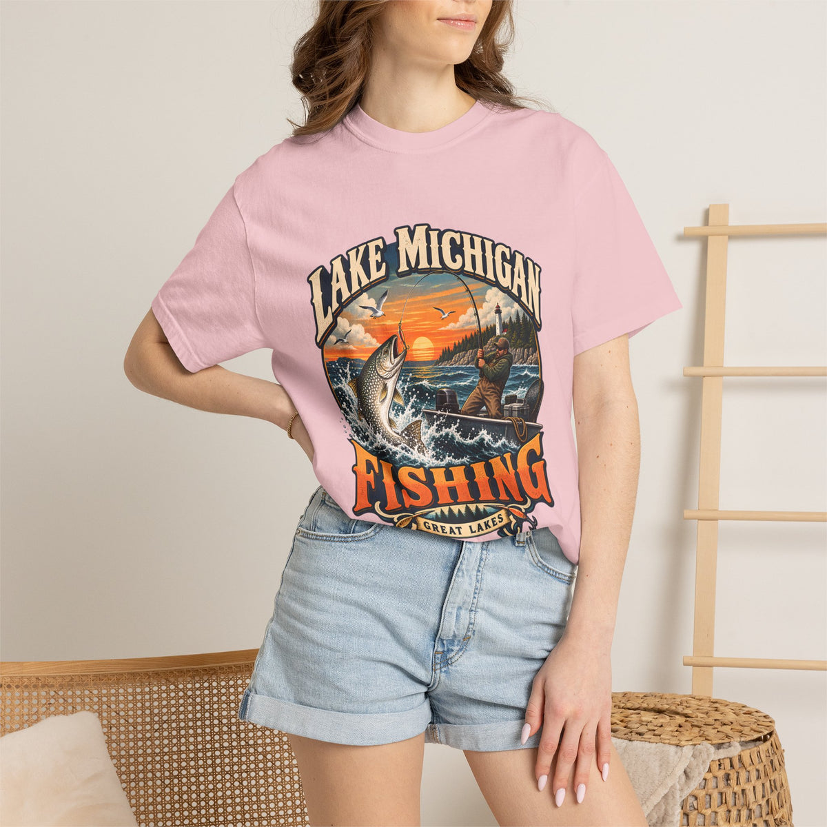 Comfort Colors® Lake Michigan Fishing T-Shirt, Great Lakes Angler Gift, Trout Fisherman Sunset Graphic Tee, Michigan Fishing Lover Shirt