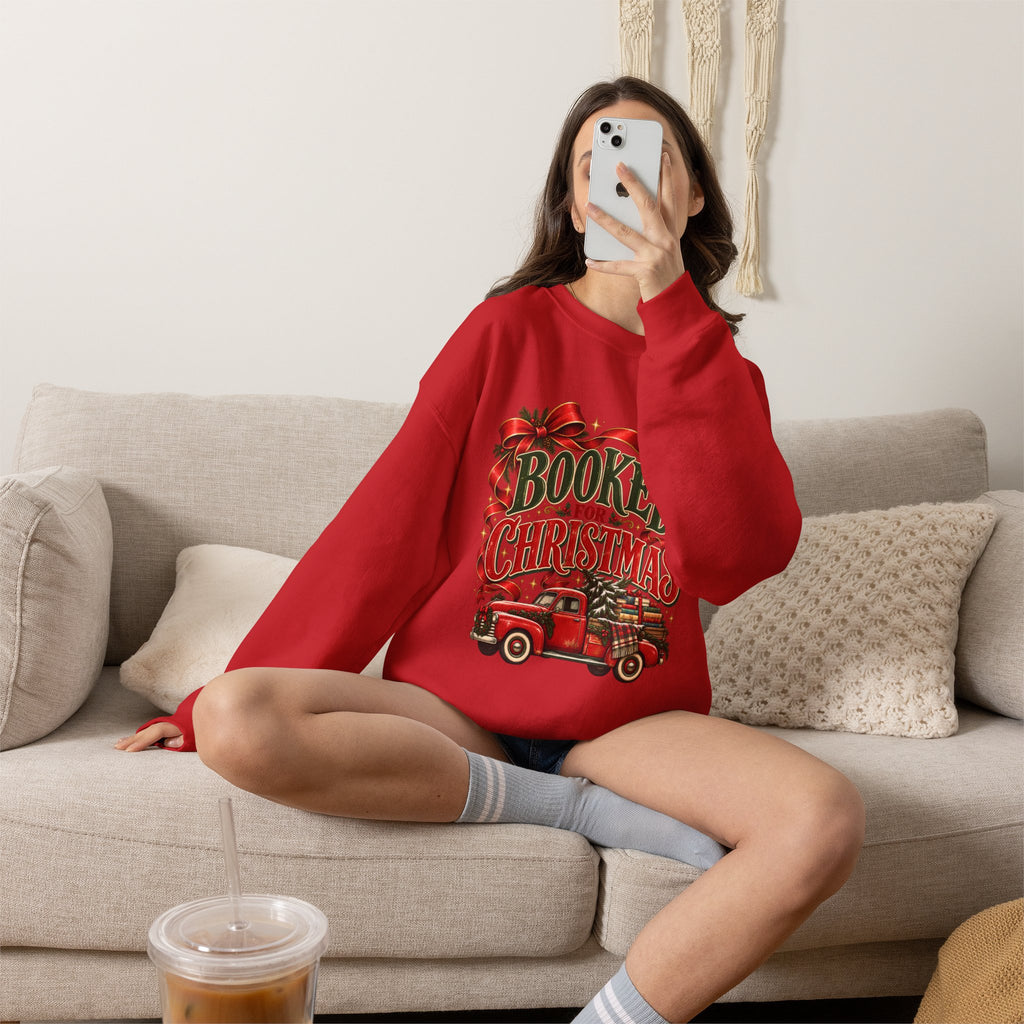 Booked for Christmas Sweatshirt, Book Lover Holiday Gift, Vintage Christmas Truck Graphic Sweatshirt, Cozy Reader Christmas Gift for Her