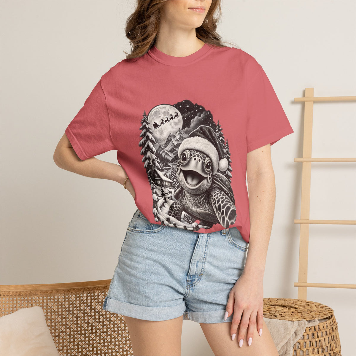 Comfort Colors® Christmas Turtle T-Shirt, Cute Sea Turtle Lover Gift, Funny Santa Hat Turtle Christmas Gift, Winter Ocean Animal Graphic Tee
