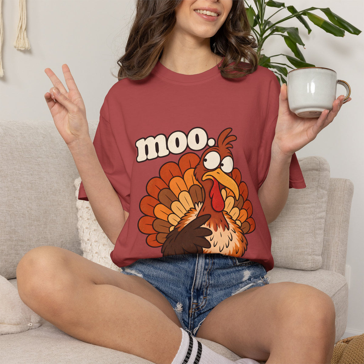 Comfort Colors® Moo Turkey T-Shirt, Funny Thanksgiving Turkey Gift, Cute Cartoon Turkey Lover Gift, Thanksgiving Dinner Graphic Tee