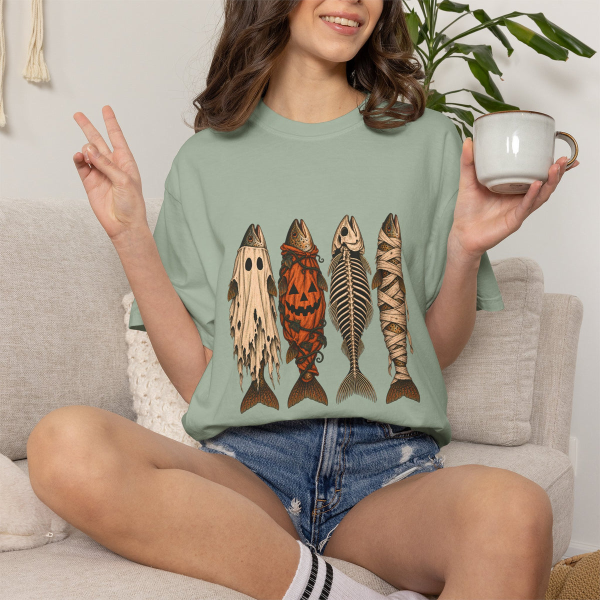 Comfort Colors® Halloween Fish T-Shirt, Spooky Fisherman Gift, Ghost Pumpkin Skeleton Fish Gift, Vintage Fishing Lover Graphic Tee