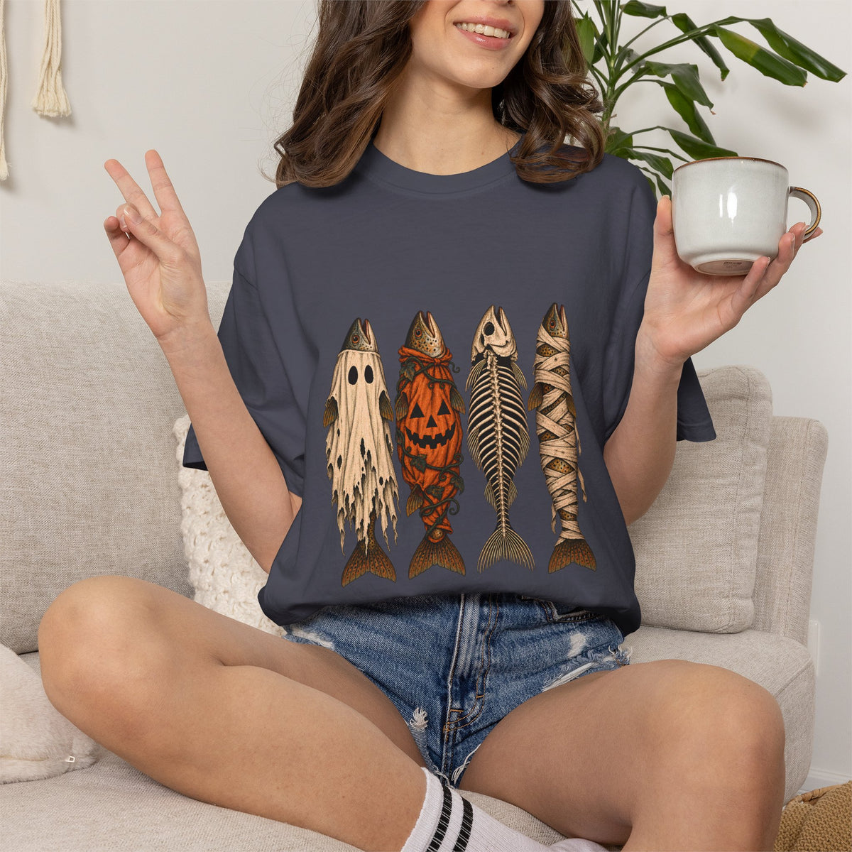 Comfort Colors® Halloween Fish T-Shirt, Spooky Fisherman Gift, Ghost Pumpkin Skeleton Fish Gift, Vintage Fishing Lover Graphic Tee