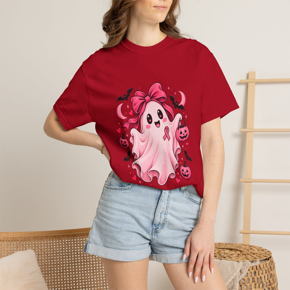 Comfort Colors® Pink Ribbon Ghost T-Shirt, Breast Cancer Awareness Halloween Gift, Cute Spooky Survivor Support Shirt, Pink October Shirt