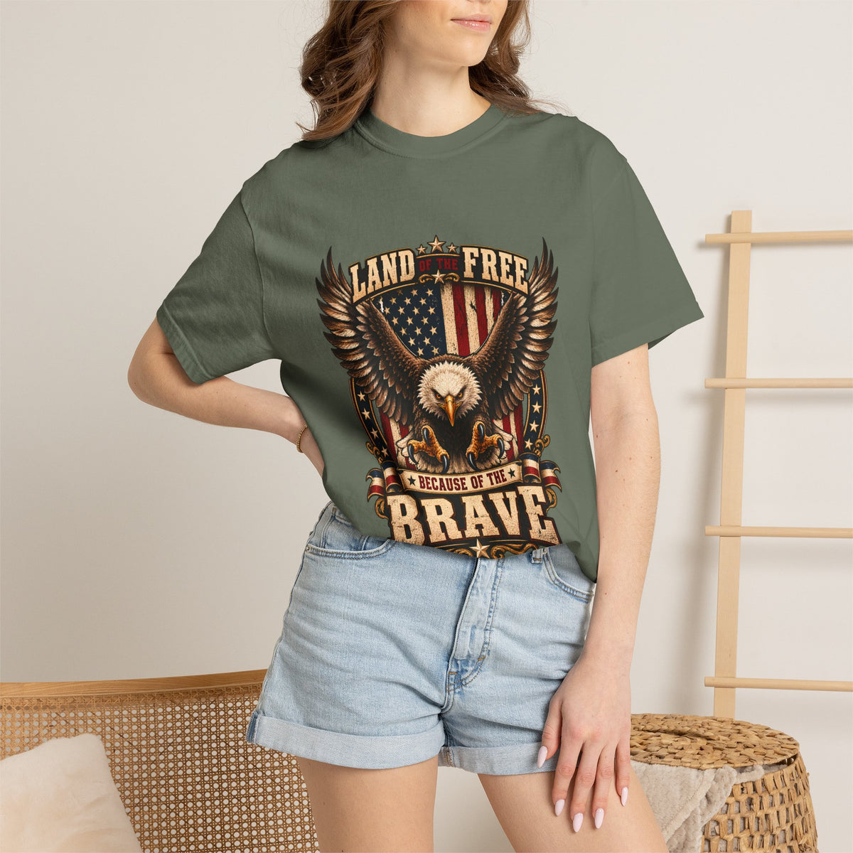 Comfort Colors® Land of the Free Because of the Brave T-Shirt, Patriotic Bald Eagle Gift, American Flag Veteran, Military Support Shirt