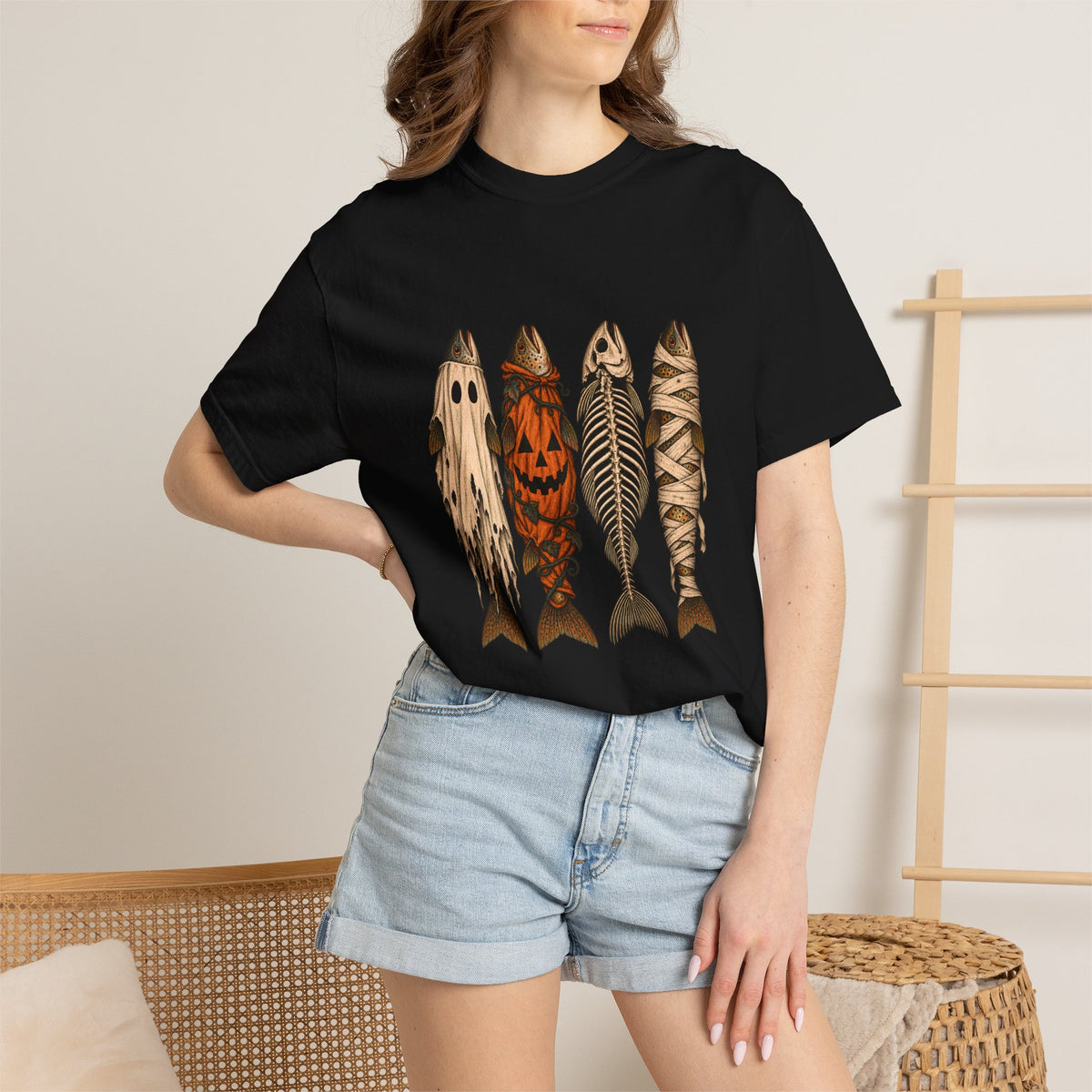 Comfort Colors® Halloween Fish T-Shirt, Spooky Fisherman Gift, Ghost Pumpkin Skeleton Fish Gift, Vintage Fishing Lover Graphic Tee