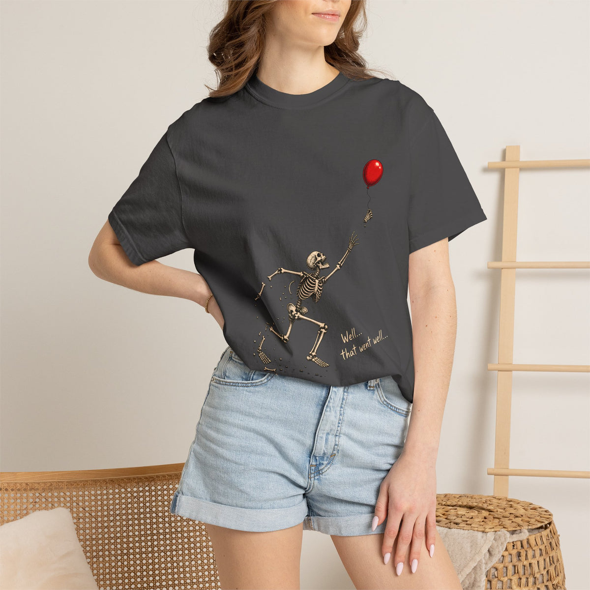 Comfort Colors® Well That Went Well T-Shirt, Funny Skeleton Halloween Gift, Red Balloon Dark Humor Gift, Vintage Spooky Skeleton Graphic Tee