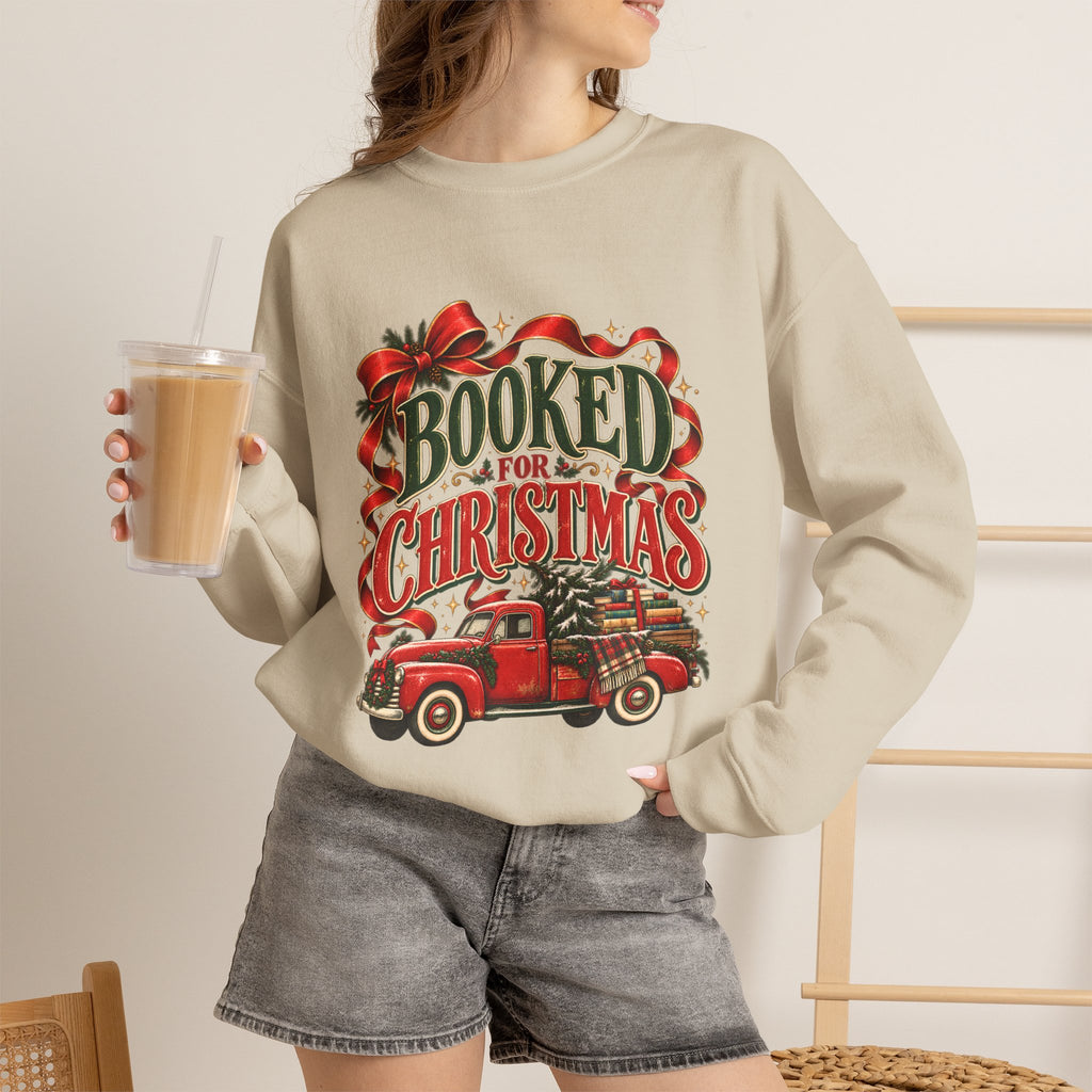 Booked for Christmas Sweatshirt, Book Lover Holiday Gift, Vintage Christmas Truck Graphic Sweatshirt, Cozy Reader Christmas Gift for Her