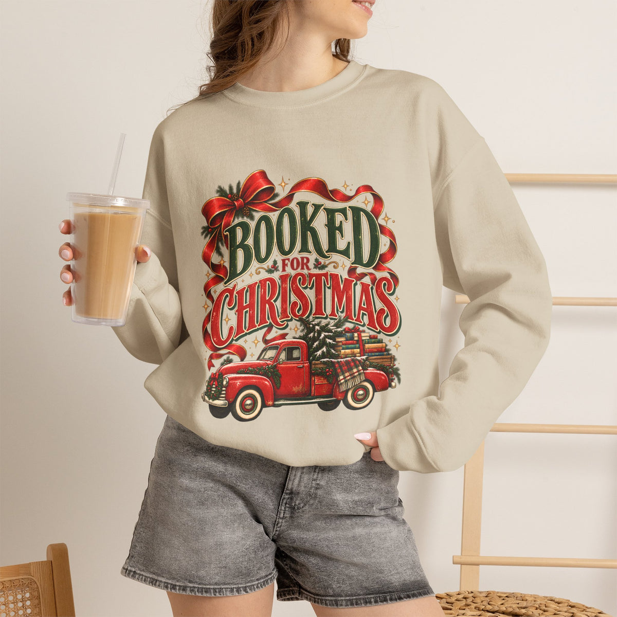 Booked for Christmas Sweatshirt, Book Lover Holiday Gift, Vintage Christmas Truck Graphic Sweatshirt, Cozy Reader Christmas Gift for Her