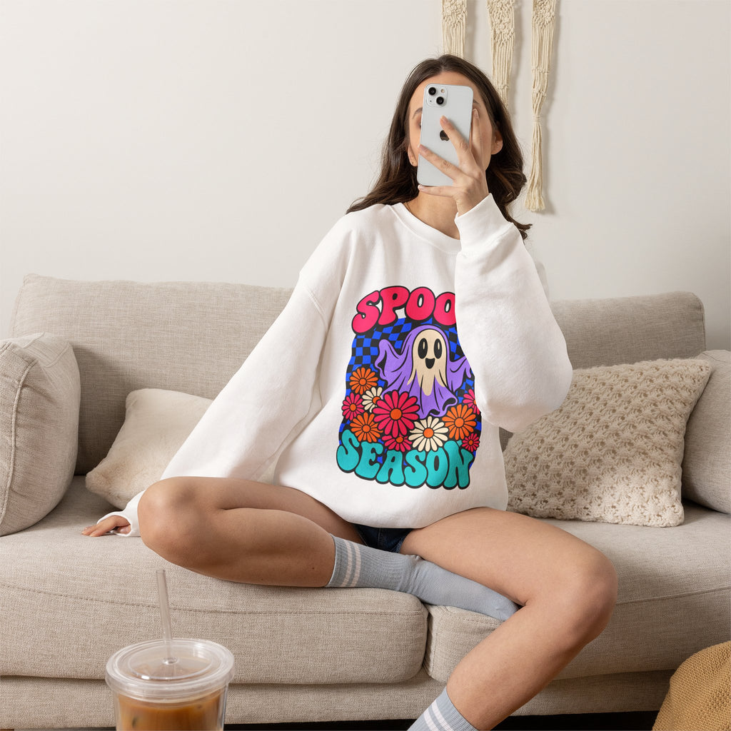 Spooky Season ghost floral Sweatshirt, Cute Ghost Halloween Gift, Colorful Floral Ghost Graphic Tee, Spooky Season Lover Gift