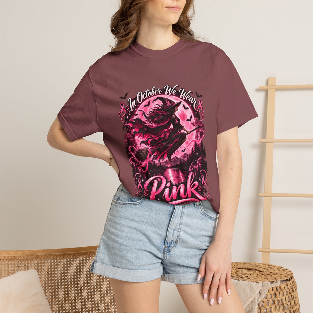 Comfort Colors® In October We Wear Pink T-Shirt, Breast Cancer Awareness Witch Gift, Pink Ribbon Halloween, Spooky Survivor Support Shirt