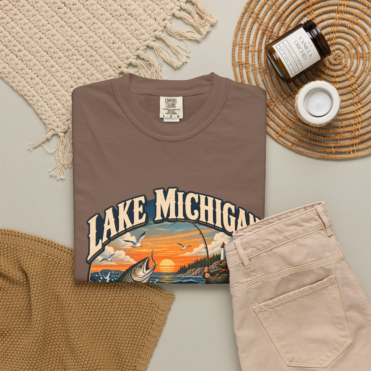 Comfort Colors® Lake Michigan Fishing T-Shirt, Great Lakes Angler Gift, Trout Fisherman Sunset Graphic Tee, Michigan Fishing Lover Shirt