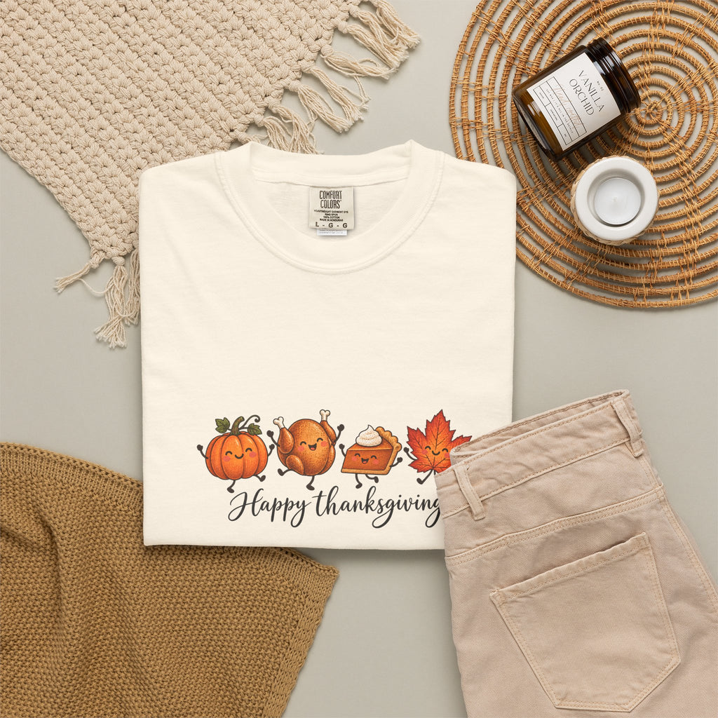 Comfort Colors® Happy Thanksgiving T-Shirt, Cute Turkey Pumpkin Lover Gift, Kawaii Fall Food Gift, Autumn Family Dinner Graphic Tee