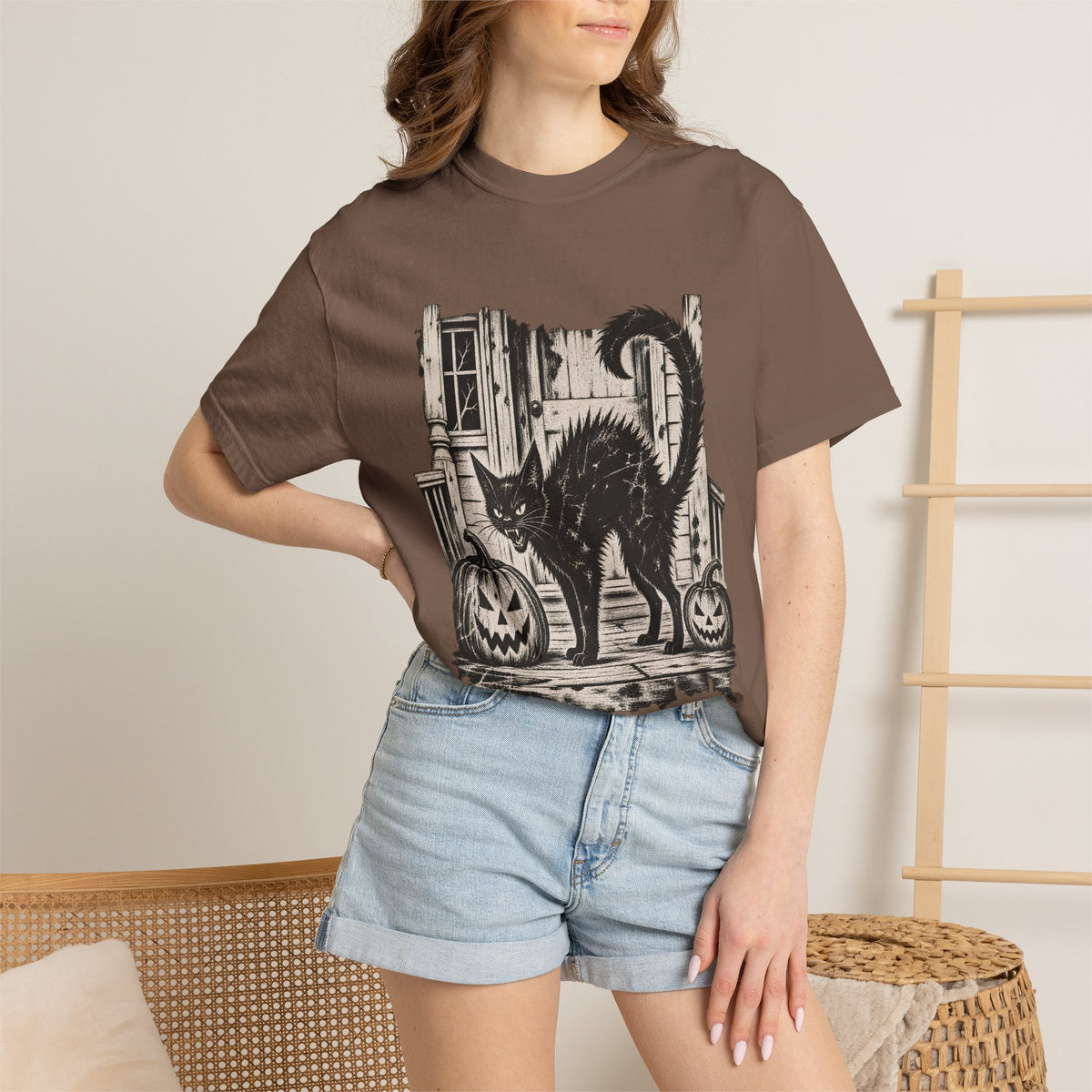 Comfort Colors® Vintage Black Cat Halloween T-Shirt, Spooky Cat Lover Gift, Retro Jack O Lantern Graphic Tee, Gothic Halloween Kitty Gift