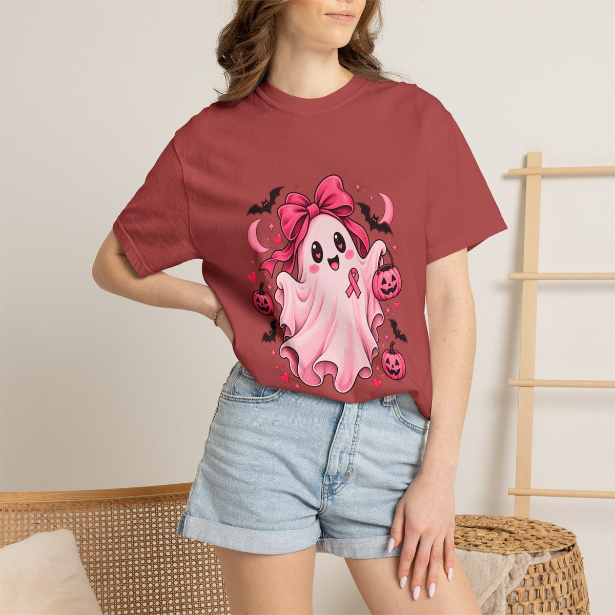Comfort Colors® Pink Ribbon Ghost T-Shirt, Breast Cancer Awareness Halloween Gift, Cute Spooky Survivor Support Shirt, Pink October Shirt