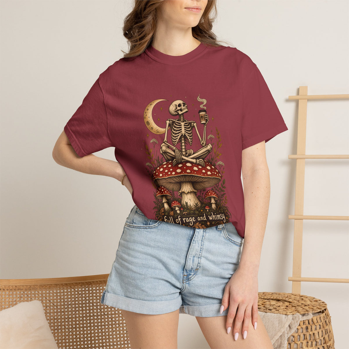 Comfort Colors® Full of Rage and Whimsy T-Shirt, Funny Skeleton Coffee Lover Gift, Cottagecore Mushroom Gothic Shirt, Dark Academia Shirt