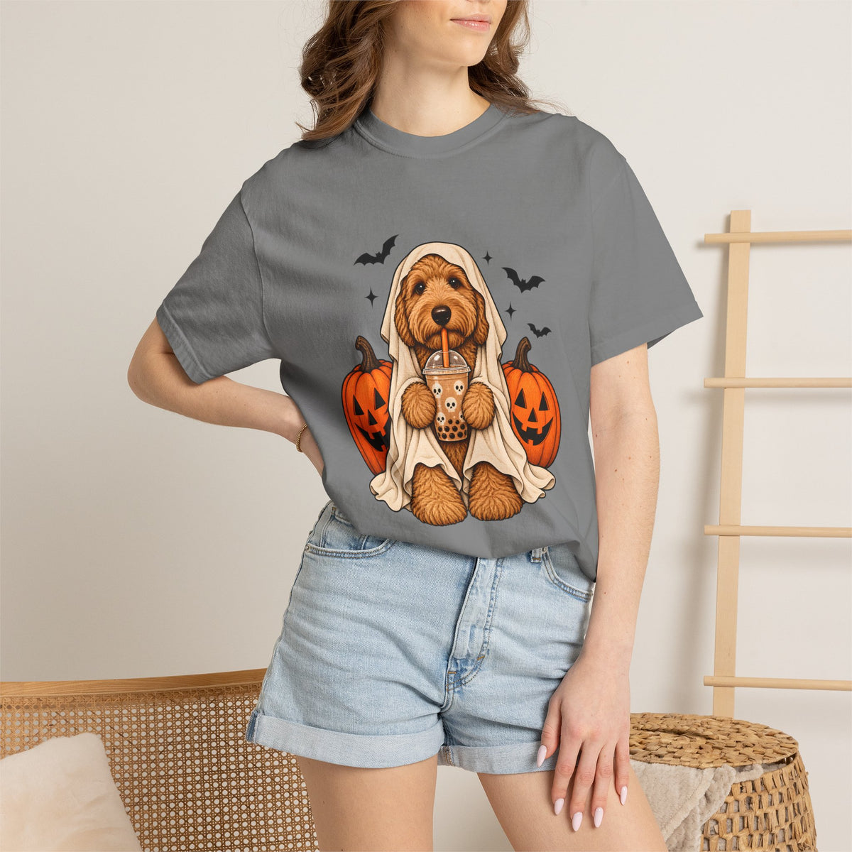 Comfort Colors® Halloween Ghost Dog Boba T-Shirt, Cute Doodle Dog Lover Gift, Spooky Pumpkin Bubble Tea Gift, Fall Pet Graphic Tee