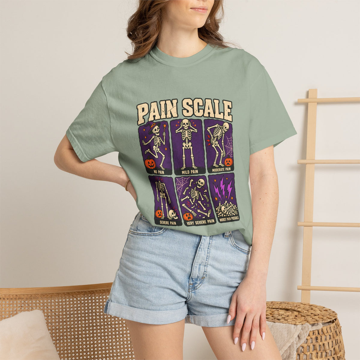 Comfort Colors® Pain Scale Skeleton T-Shirt, Funny Halloween Skeleton Gift, Spooky Medical Humor Gift, Nurse Doctor Halloween Graphic Tee