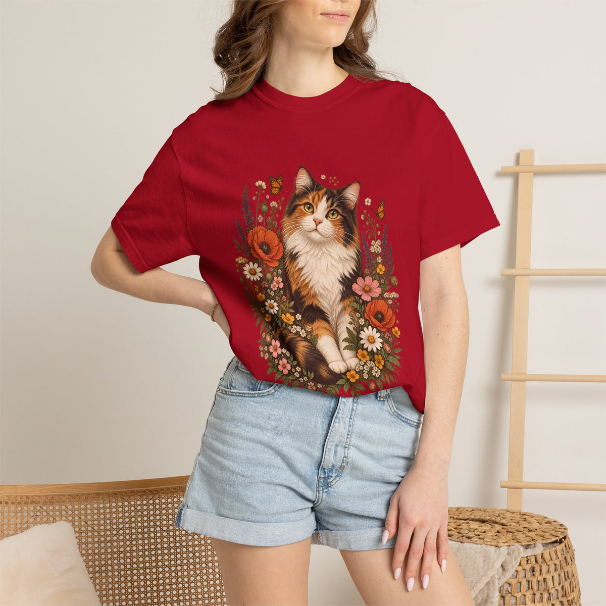 Comfort Colors® Calico Cat Wildflower T-Shirt, Floral Cat Lover Gift, Cottagecore Kitty Butterfly Graphic Tee, Vintage Garden Cat Mom Shirt