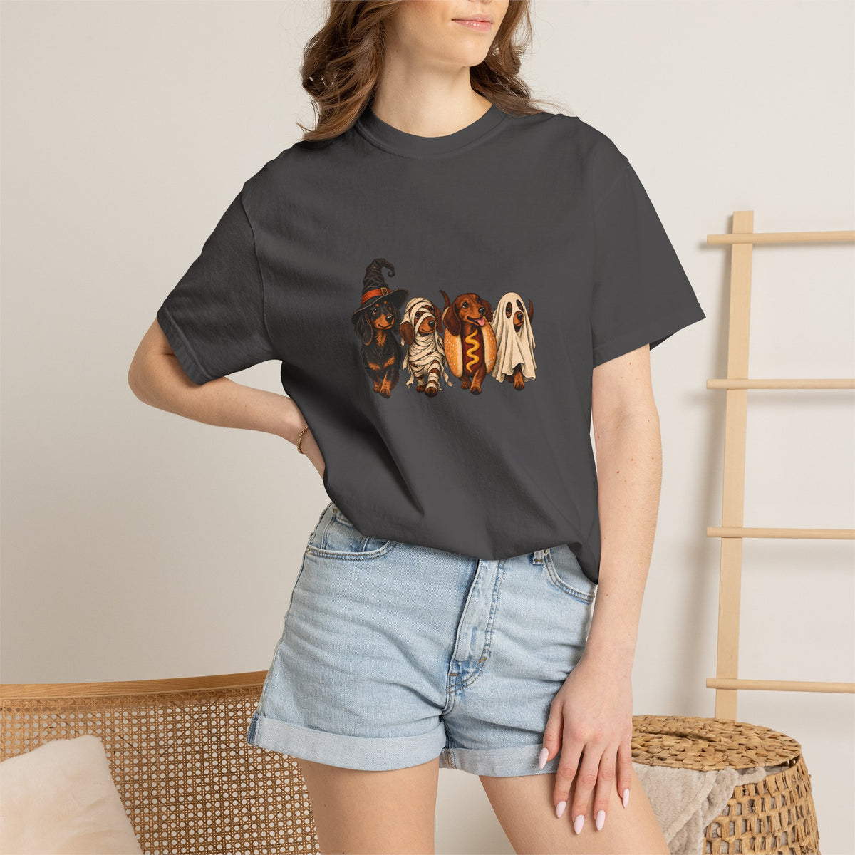 Comfort Colors® Halloween Dachshund T-Shirt, Spooky Wiener Dog Lover Gift, Cute Sausage Dog Costume Shirt, Doxie Halloween Pet Mom Shirt