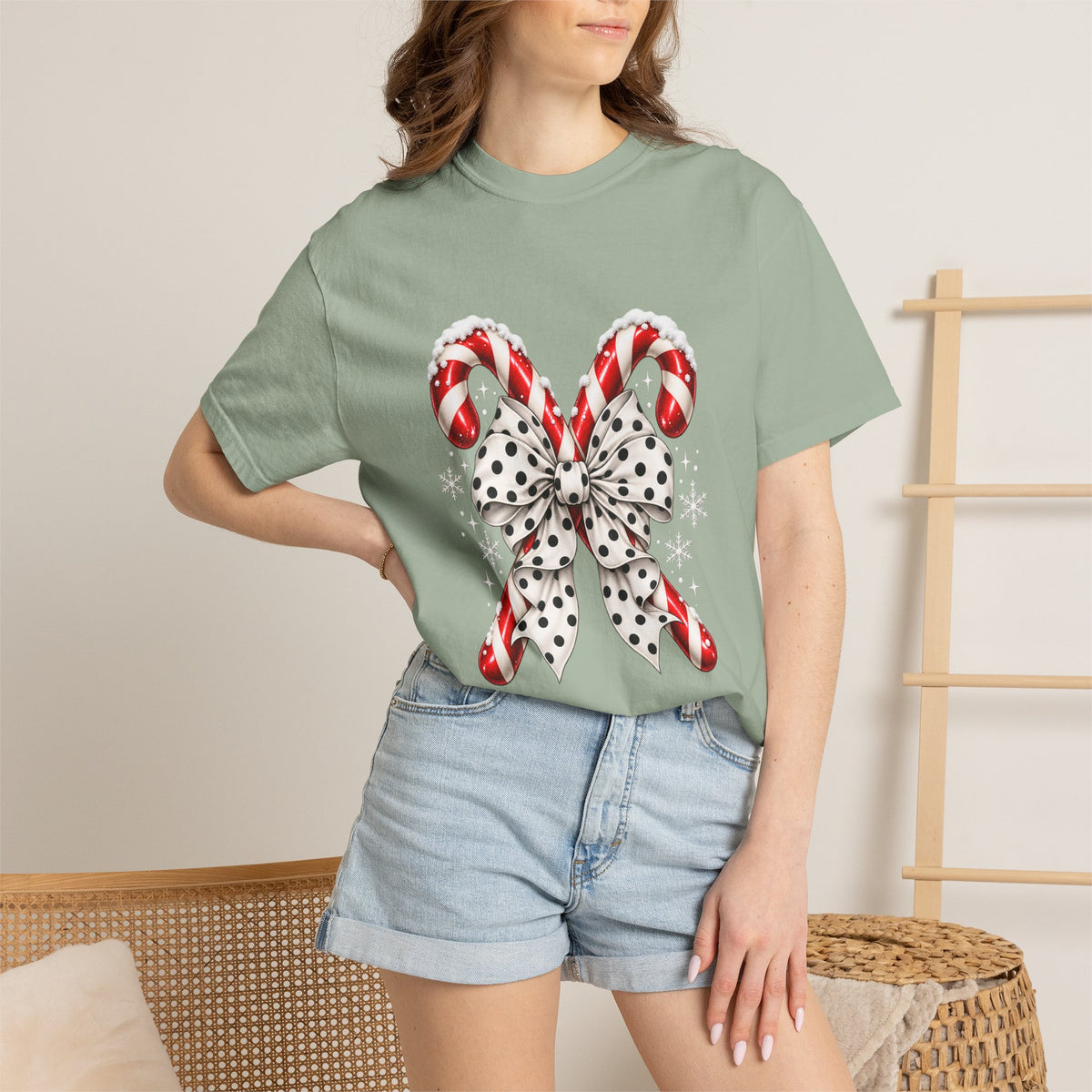 Comfort Colors® Candy Cane Bow T-Shirt, Coquette Christmas Lover Gift, Candy Cane Coquette Shirt, Cute Festive Candy Cane Gift for Her
