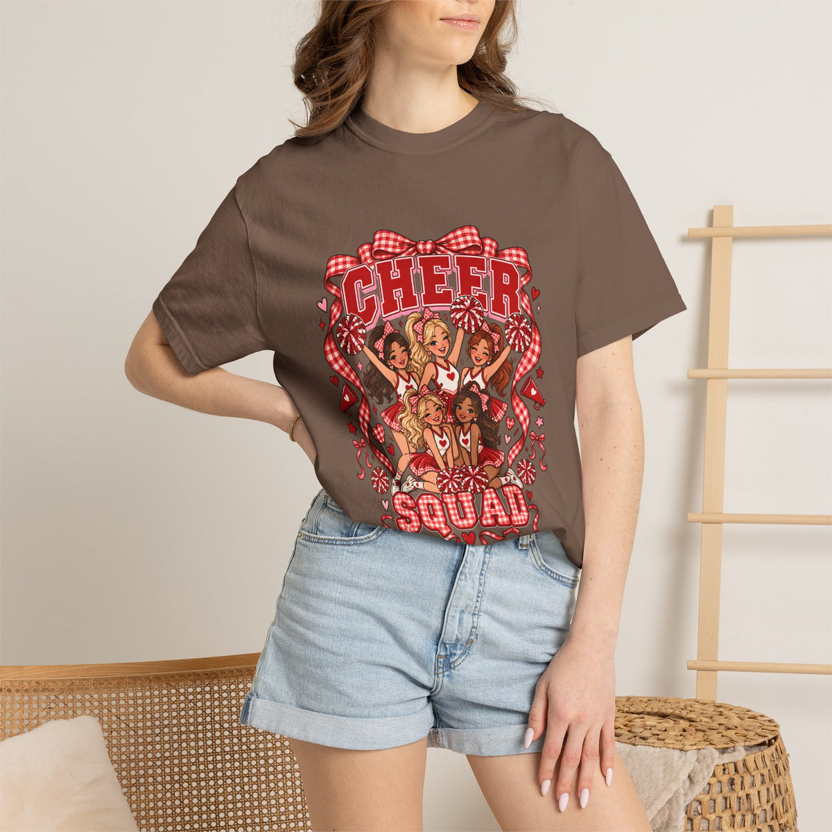 Comfort Colors® Cheer Squad T-Shirt, Red Gingham Bow Cheerleader Gift, Cute Cheer Team Spirit Graphic Tee, Cheerleading Girls Coach Gift