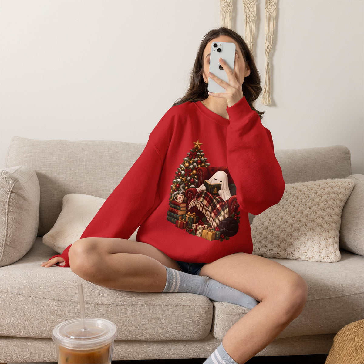 Cozy Christmas Ghost Sweatshirt, Book Lover Holiday Gift, Spooky Christmas Reading Graphic Sweatshirt, Cute Ghostmas Bookish Gift