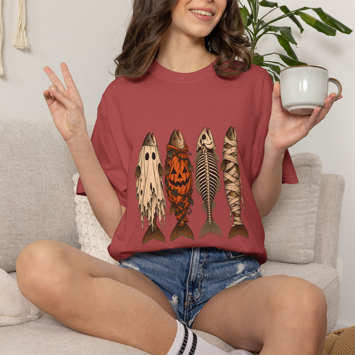 Comfort Colors® Halloween Fish T-Shirt, Spooky Fisherman Gift, Ghost Pumpkin Skeleton Fish Gift, Vintage Fishing Lover Graphic Tee