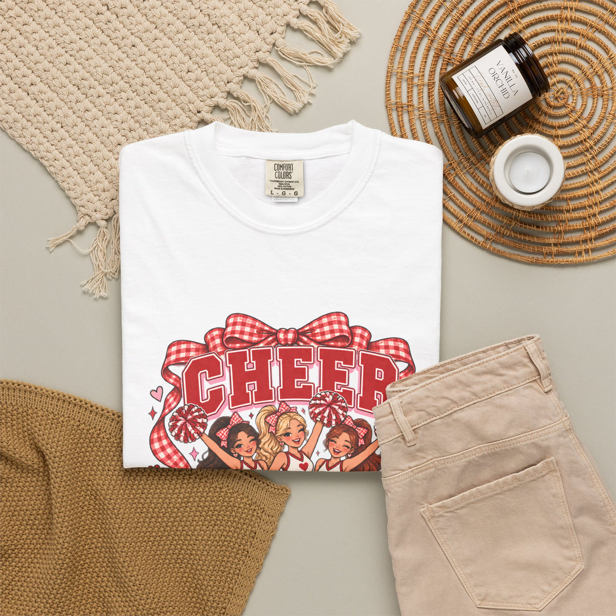 Comfort Colors® Cheer Squad T-Shirt, Red Gingham Bow Cheerleader Gift, Cute Cheer Team Spirit Graphic Tee, Cheerleading Girls Coach Gift