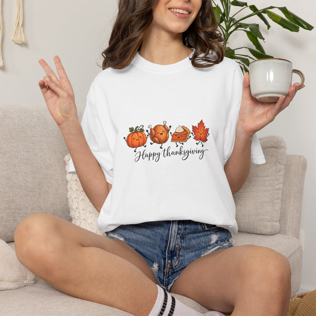 Comfort Colors® Happy Thanksgiving T-Shirt, Cute Turkey Pumpkin Lover Gift, Kawaii Fall Food Gift, Autumn Family Dinner Graphic Tee