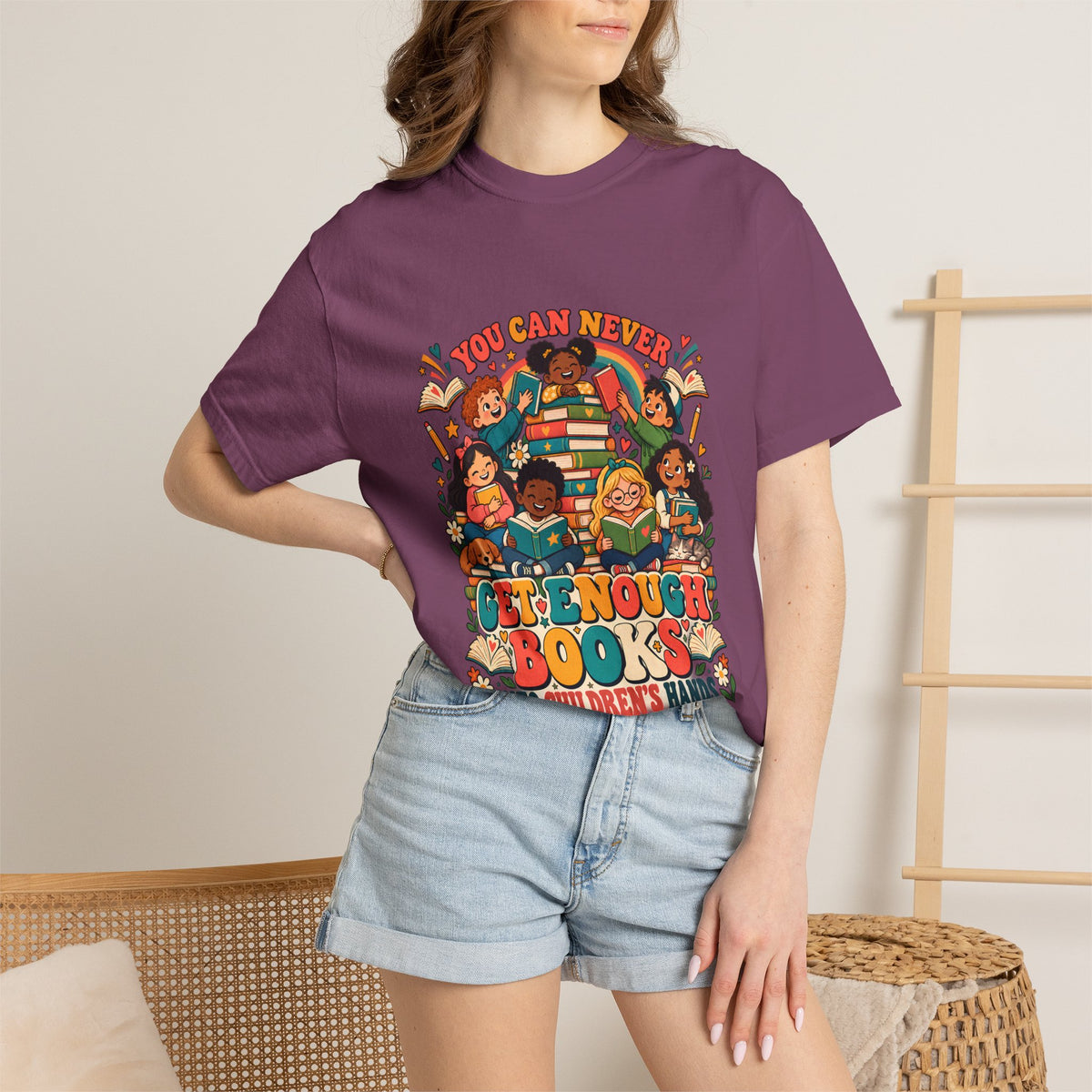 Comfort Colors® You Can Never Get Enough Books Into Children's Hands T-Shirt, Reading Teacher Gift, Literacy Advocate Kids Books Graphic Tee