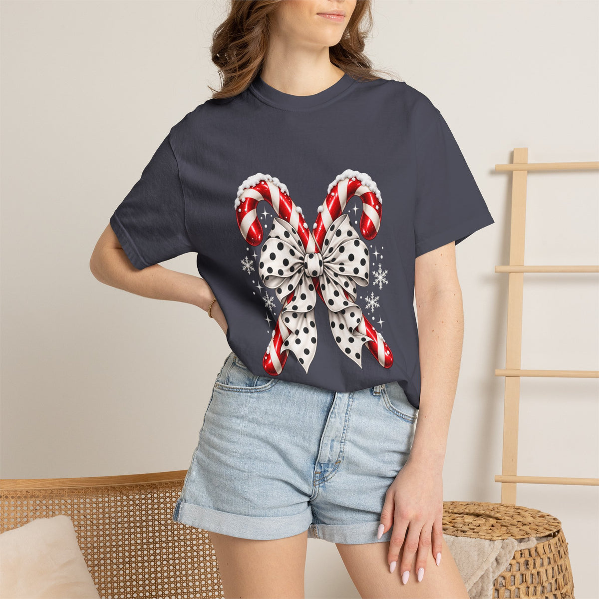 Comfort Colors® Candy Cane Bow T-Shirt, Coquette Christmas Lover Gift, Candy Cane Coquette Shirt, Cute Festive Candy Cane Gift for Her