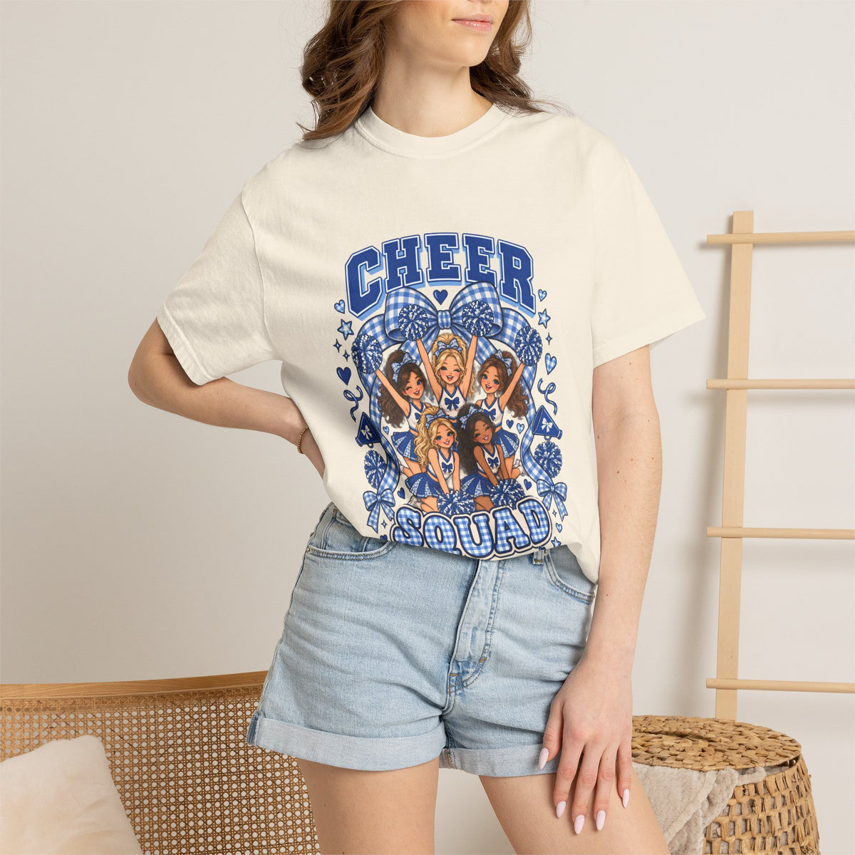 Comfort Colors® Cheer Squad T-Shirt, Blue Gingham Cheerleader Gift, Cheer Team Spirit Graphic Tee, Cute Cheerleading Girls Coach Gift