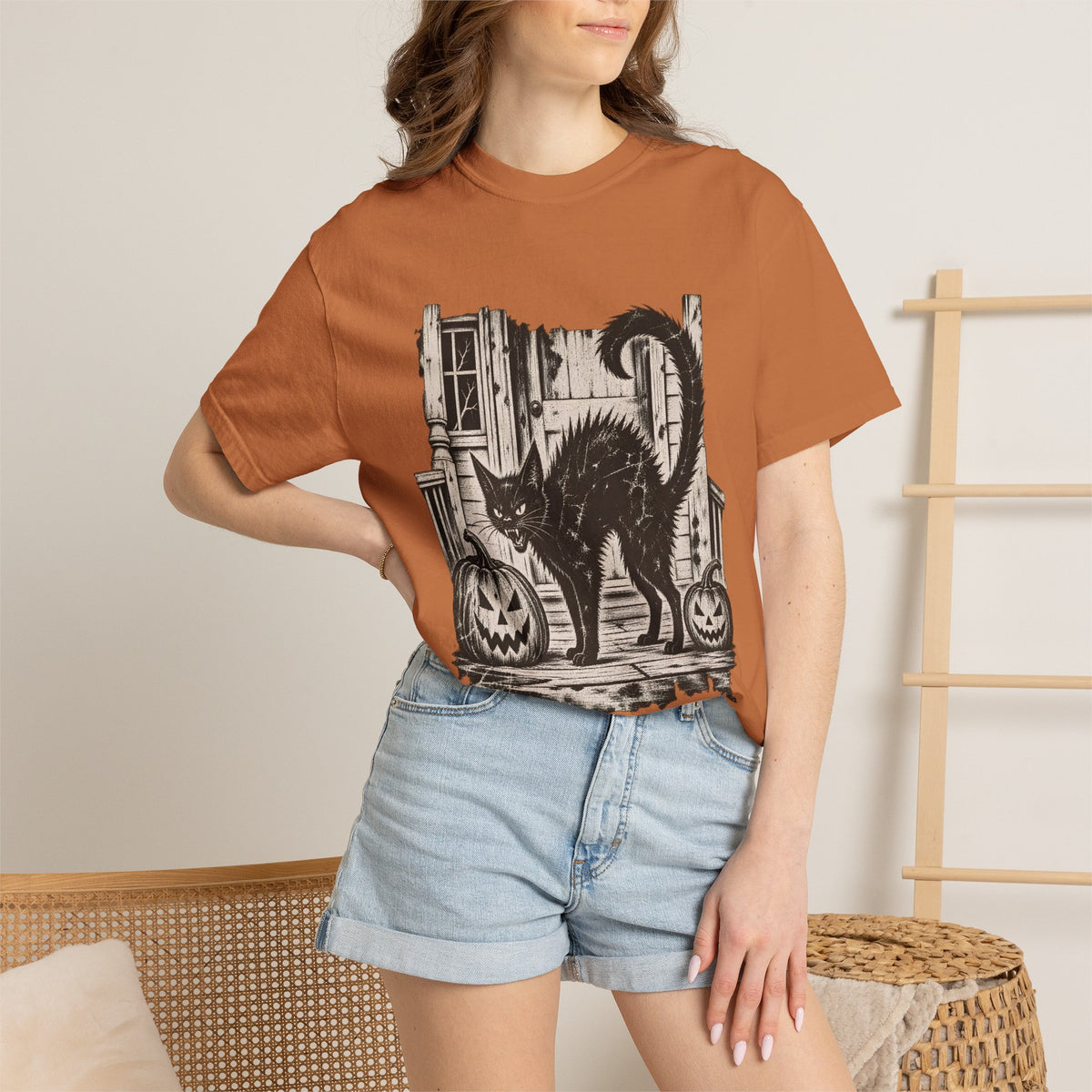 Comfort Colors® Vintage Black Cat Halloween T-Shirt, Spooky Cat Lover Gift, Retro Jack O Lantern Graphic Tee, Gothic Halloween Kitty Gift