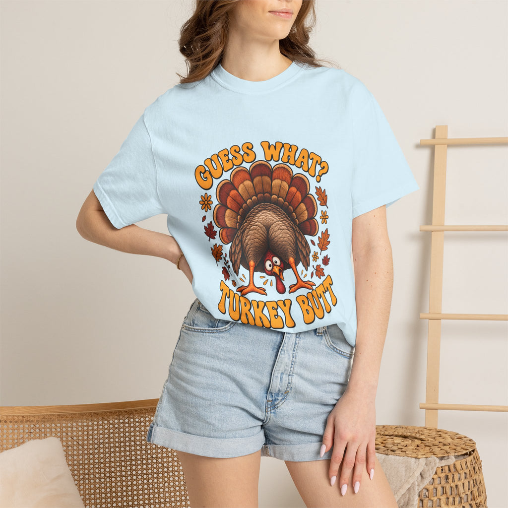 Camiseta Comfort Colors® "Guess What Turkey Butt", regalo divertido de Acción de Gracias con pavo, regalo retro con humor para la cena de otoño, camiseta gráfica familiar para Acción de Gracias