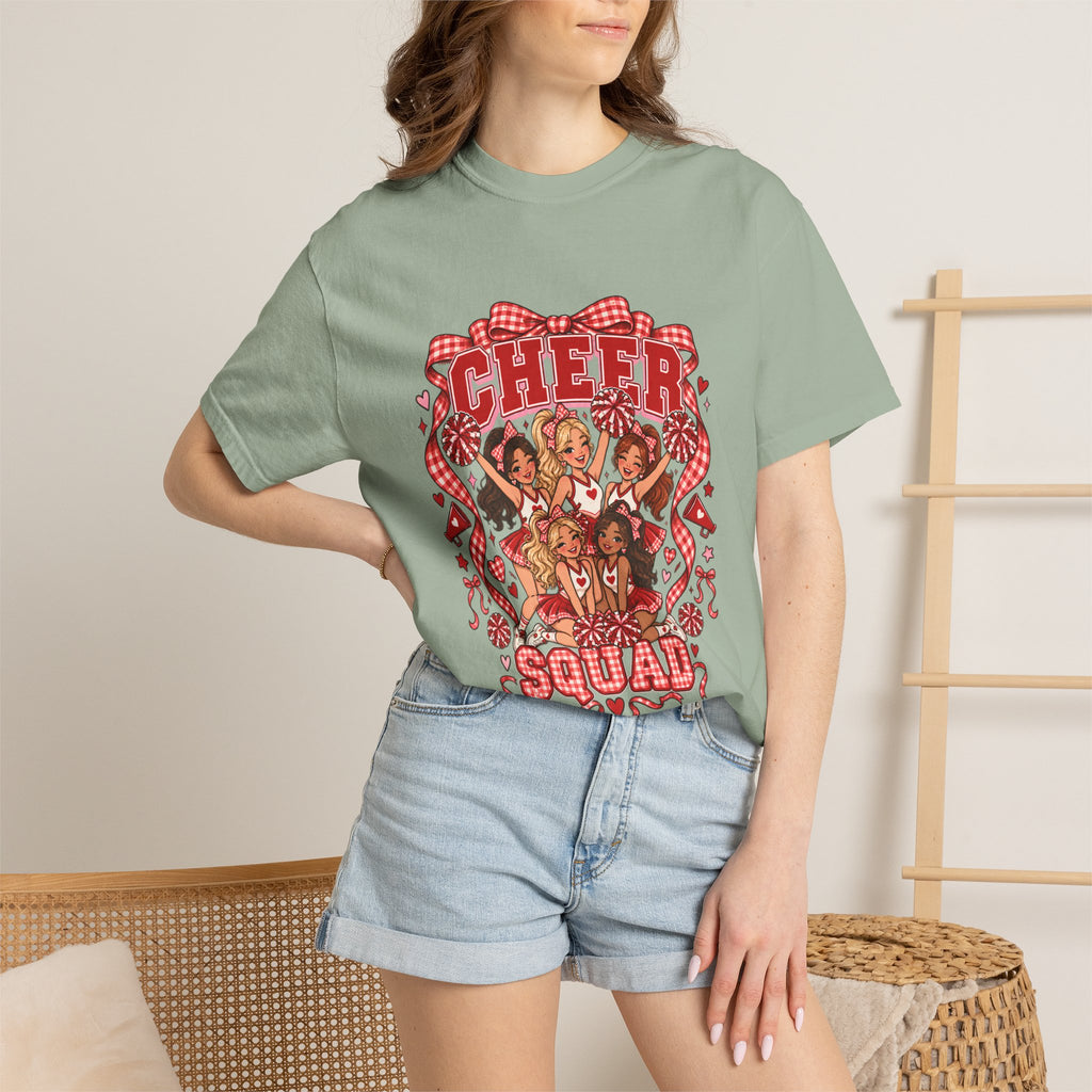 Comfort Colors® Cheer Squad T-Shirt, Red Gingham Bow Cheerleader Gift, Cute Cheer Team Spirit Graphic Tee, Cheerleading Girls Coach Gift
