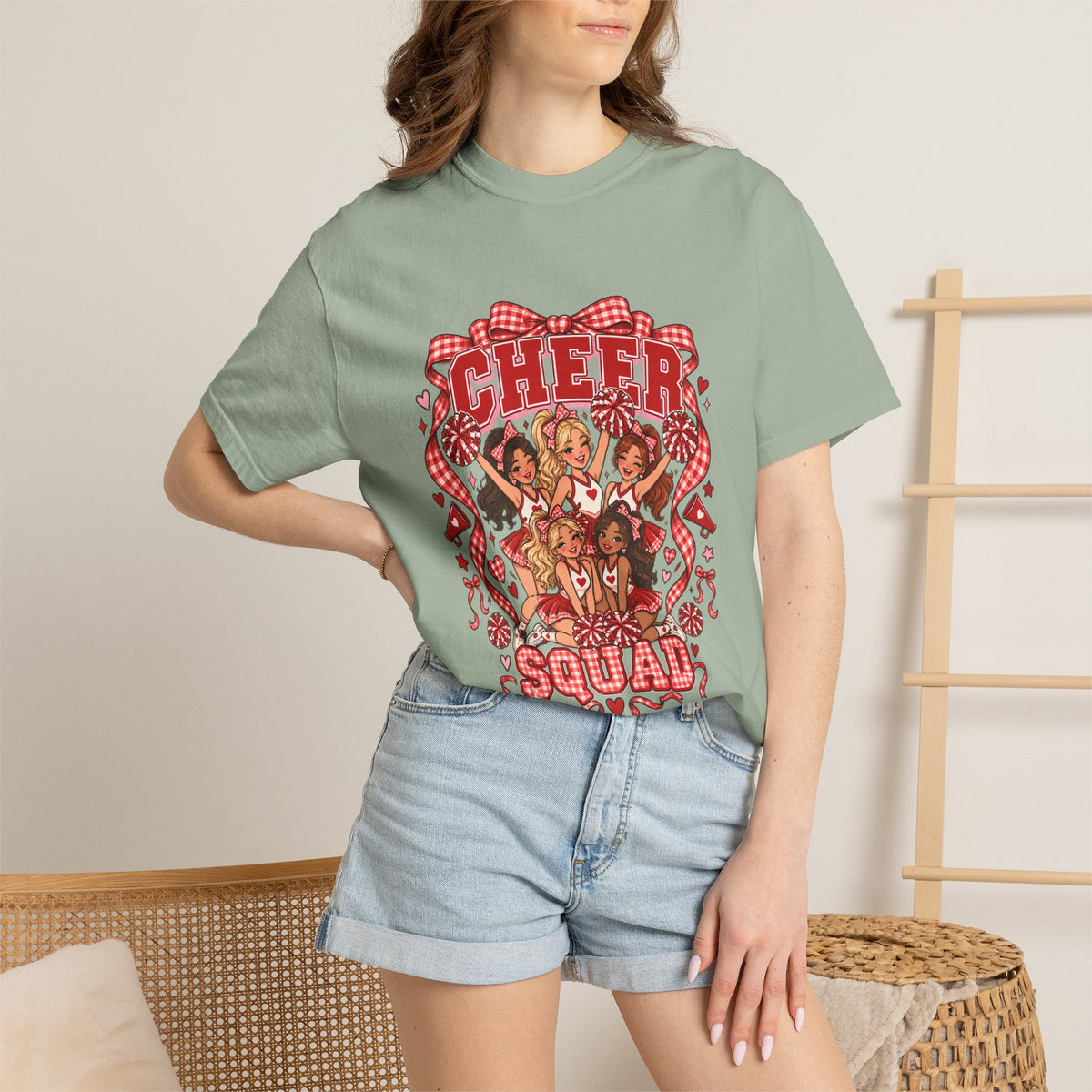 Comfort Colors® Cheer Squad T-Shirt, Red Gingham Bow Cheerleader Gift, Cute Cheer Team Spirit Graphic Tee, Cheerleading Girls Coach Gift