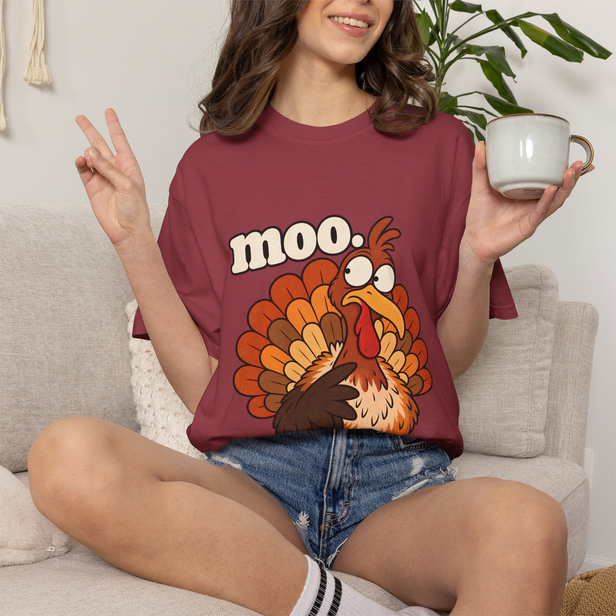 Comfort Colors® Moo Turkey T-Shirt, Funny Thanksgiving Turkey Gift, Cute Cartoon Turkey Lover Gift, Thanksgiving Dinner Graphic Tee