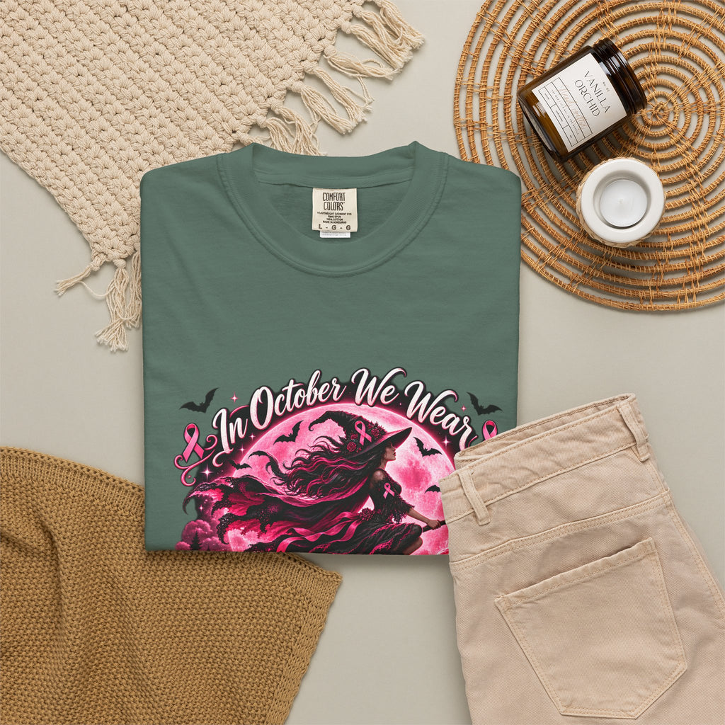 Comfort Colors® In October We Wear Pink T-Shirt, Breast Cancer Awareness Witch Gift, Pink Ribbon Halloween, Spooky Survivor Support Shirt