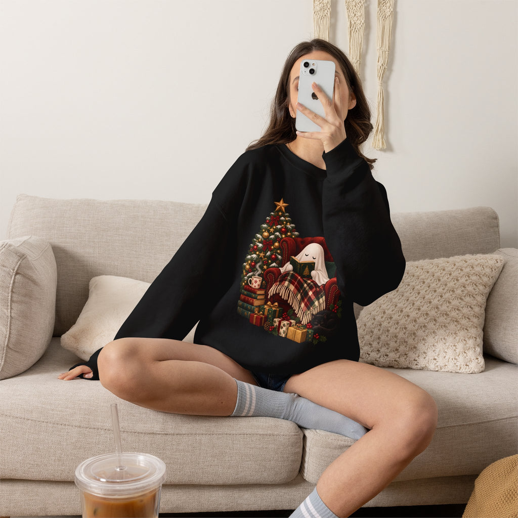 Sweat-shirt de Noël confortable avec fantôme, cadeau de fêtes pour amateur de livres, sweat-shirt graphique de lecture de Noël effrayant, joli cadeau sur le thème du livre « Ghostmas »