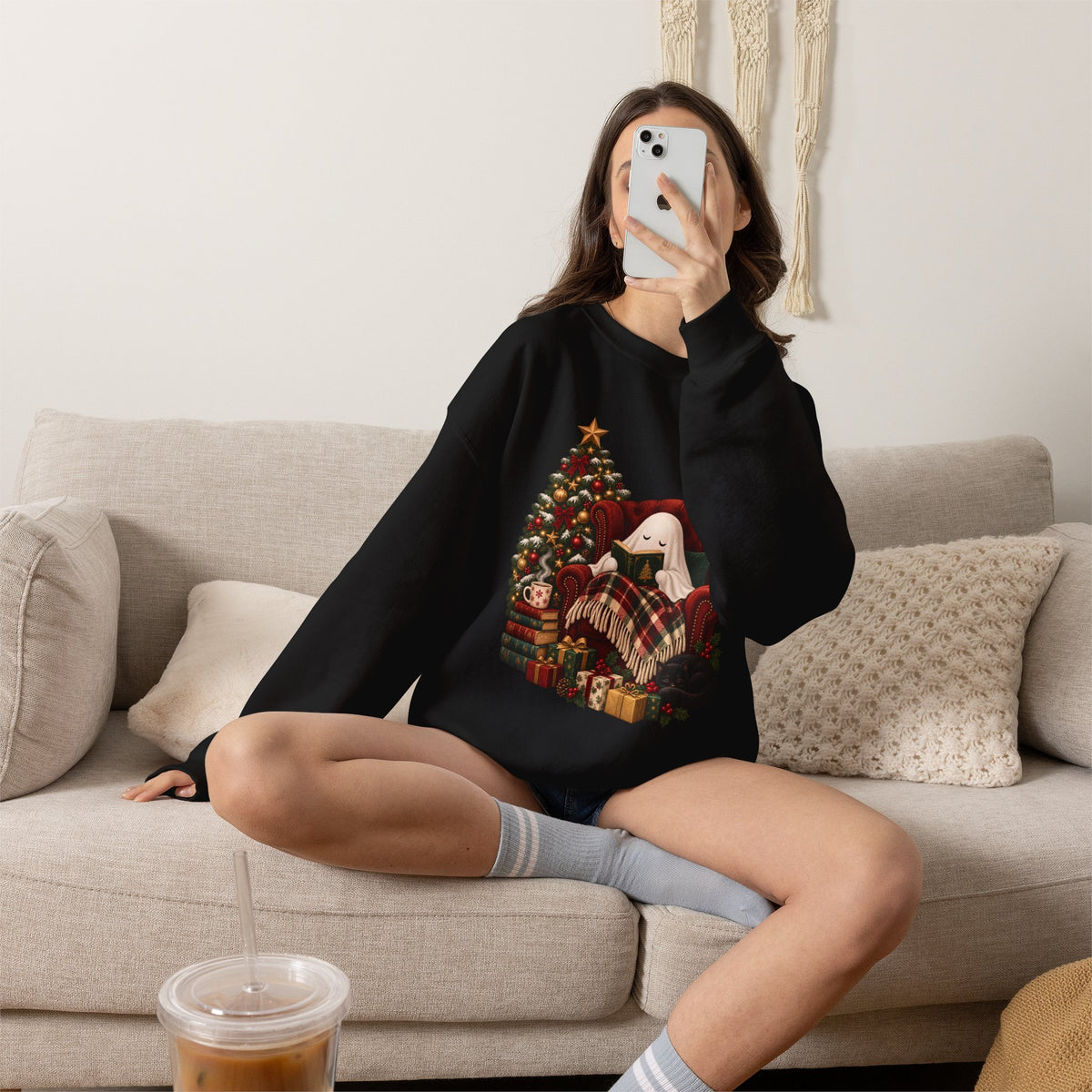 Cozy Christmas Ghost Sweatshirt, Book Lover Holiday Gift, Spooky Christmas Reading Graphic Sweatshirt, Cute Ghostmas Bookish Gift