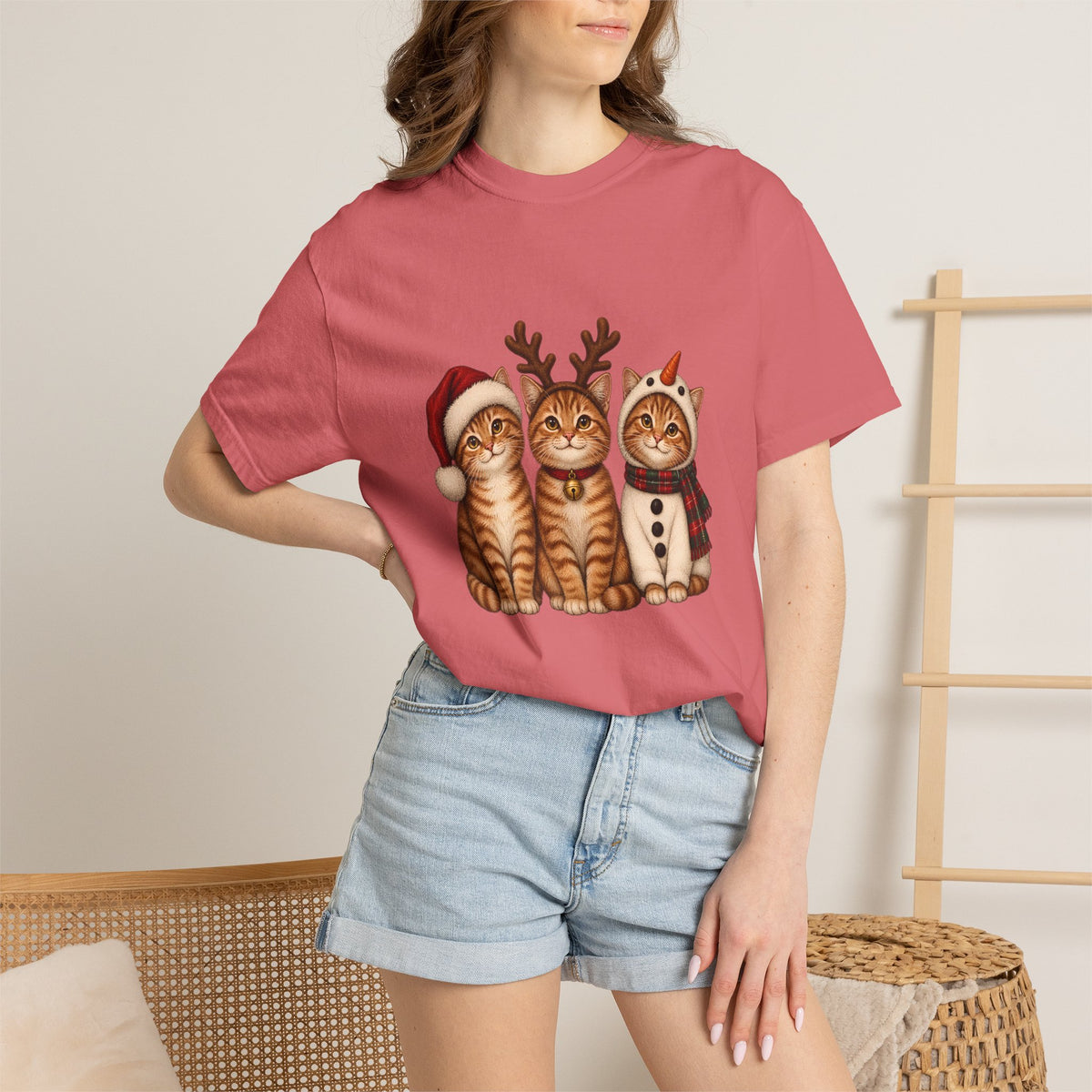 Comfort Colors® Christmas Cats T-Shirt, Cute Holiday Cat Lover Gift, Funny Santa Reindeer Snowman Cats Gift, Festive Kitty Graphic Tee